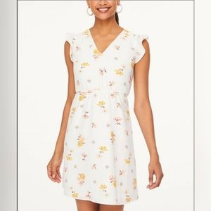 LOFT Snowy White Petite Villa Floral Flutter Sleave Belted A-line Dress
